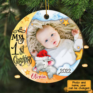 Baby's First Christmas Elephant Photo Circle Ornament