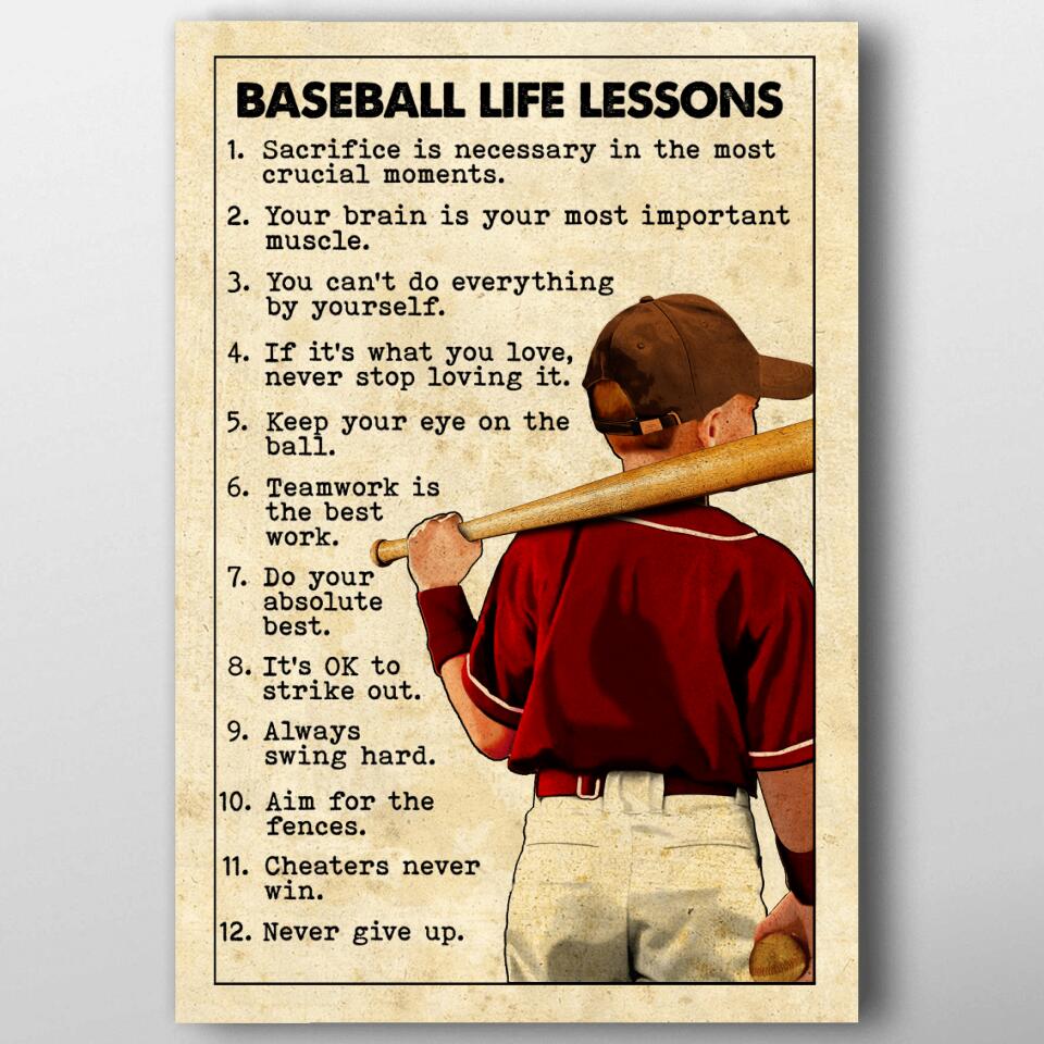 Personalized Motivational Baseball Life Lessons Poster for Baseball Lovers