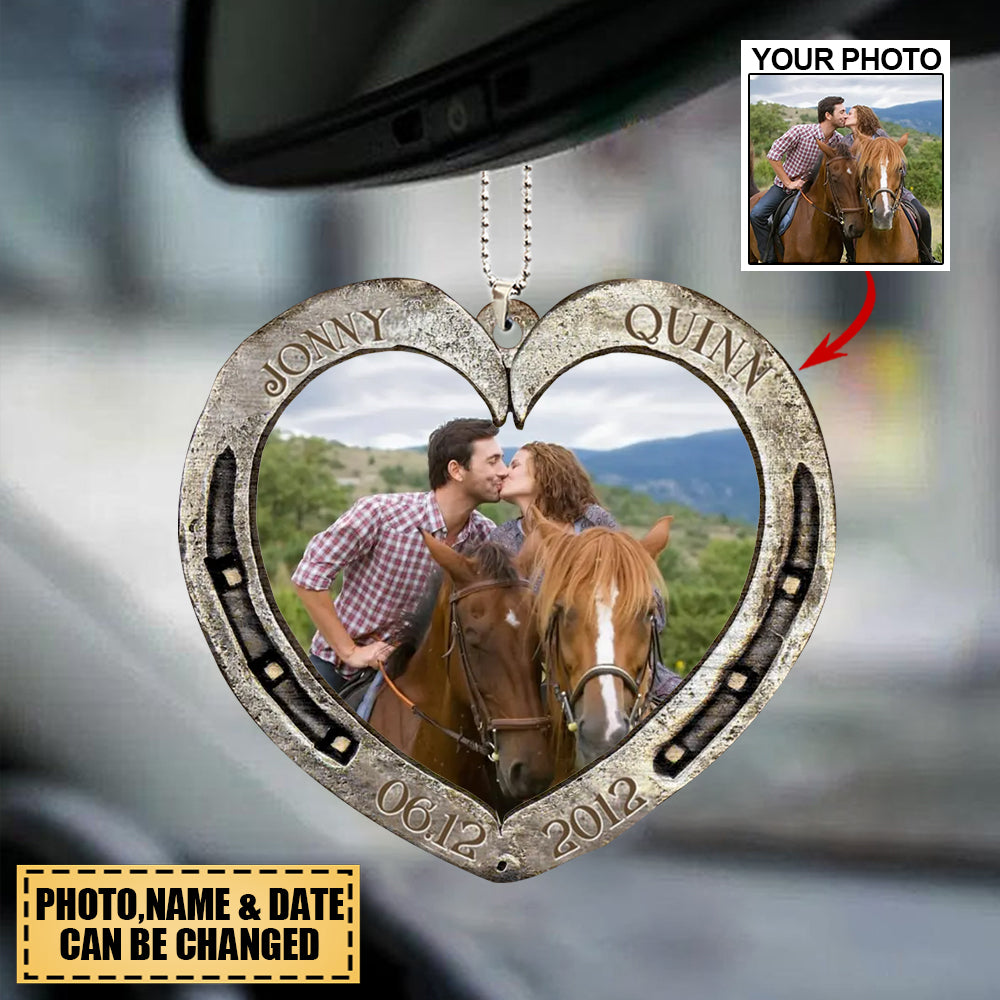 Personalized Couple Photo Heart Horseshoe Acrylic Ornament - Gift Idea for Horse Lovers/Couple