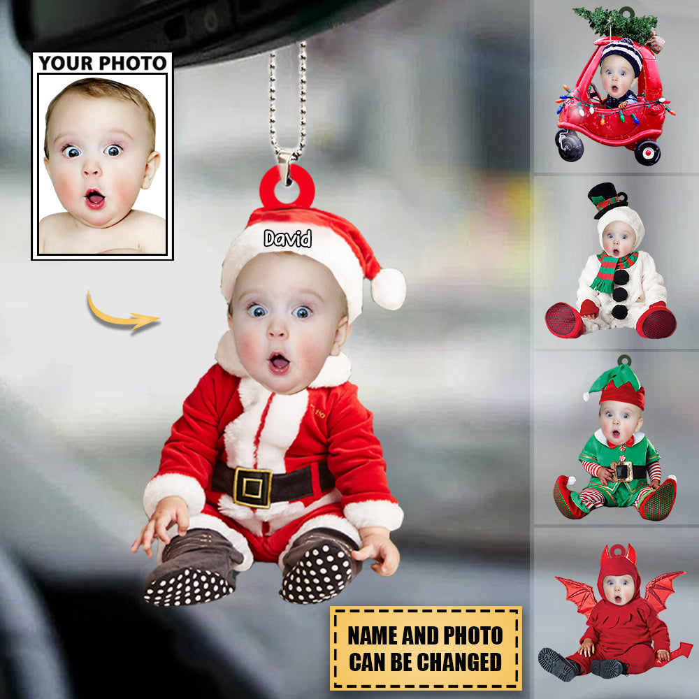 Custom Cute Baby Car Photo With Name For Merry Christmas Ornament