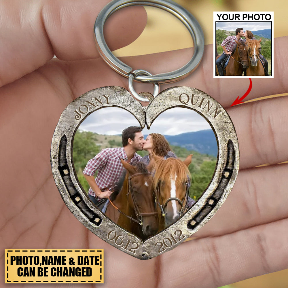 Personalized Couple Photo Heart Horseshoe Acrylic Keychain - Gift Idea for Horse Lovers/Couple