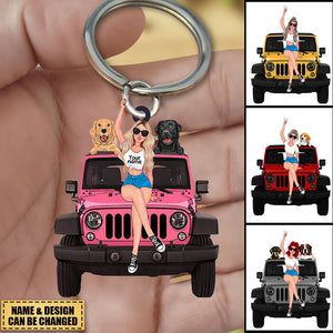 Personalized A Girl With Off-Road Car And Dog Keychain Gift For Journey Girls
