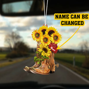 Personalized Vintage Sunflower Boots Cowboy & Cowgirl Flat Acrylic Car Ornament