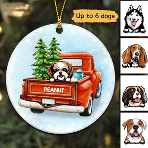 Peeking Dogs Red Truck Christmas Personalized Circle Ornament