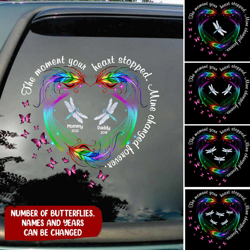 The Moment Your Heart Stopped Mine Changed Forever Dragonfly Feather Pattern Personalized Decal