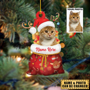 Personalized Pet Photo Santa Sack Christmas Ornament, Pet With Christmas Hat And Antlers Gift For Christmas, Holiday Decor, Personalize Pet Photo And Name