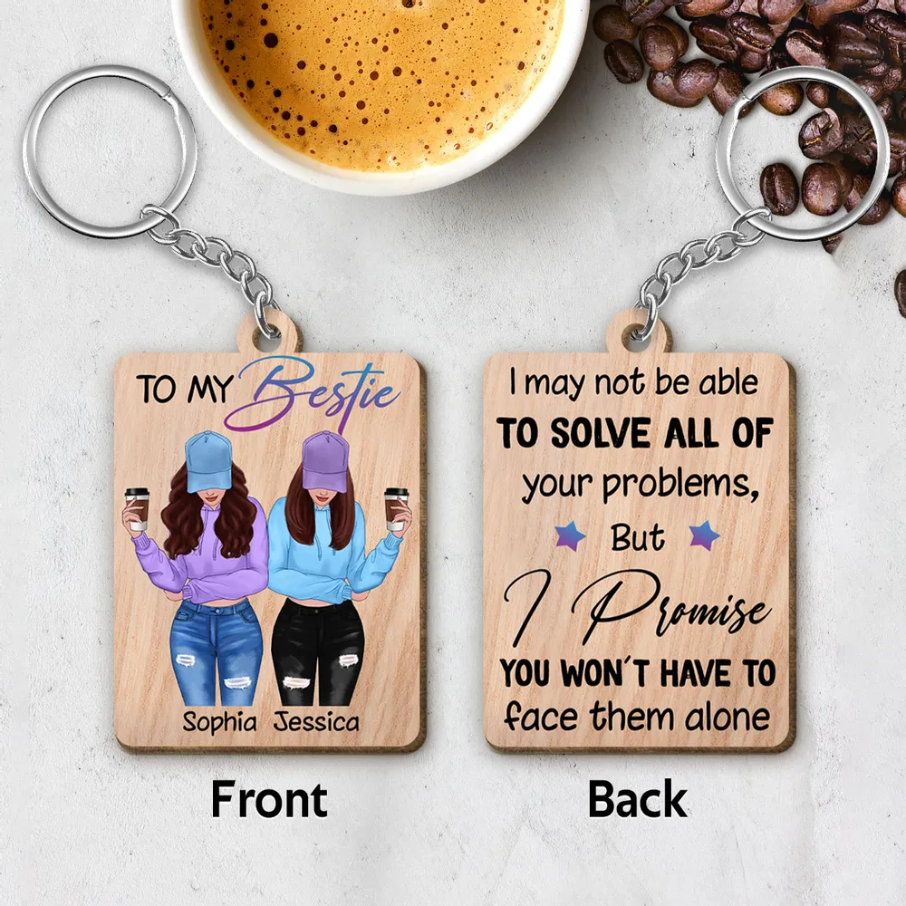 Front View Besties To My Bestie Personalized Wooden Keychain