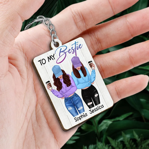 Front View Besties To My Bestie Personalized Wooden Keychain