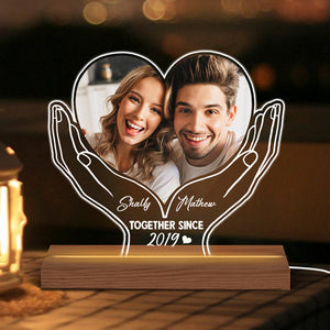 Couple Custom Photo Heart On Hands Personalized Custom Shaped Acrylic Plaque With LED Night Light