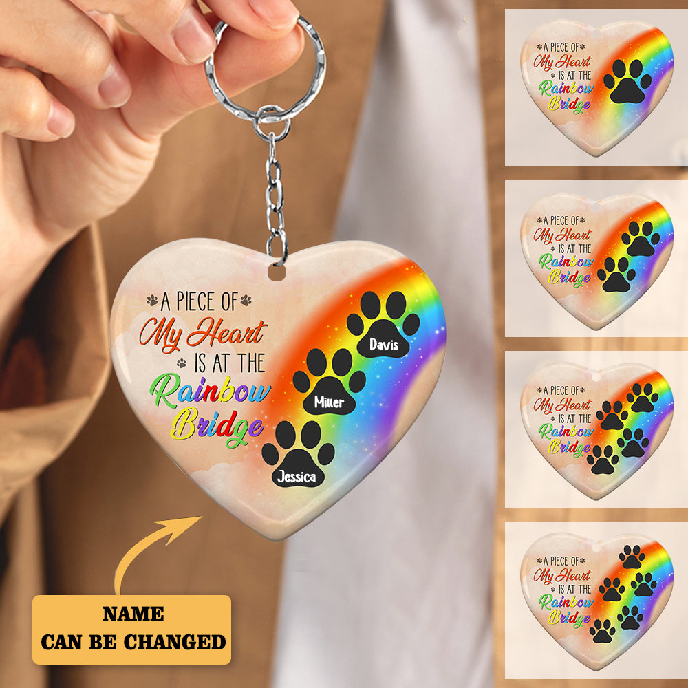 A Piece Of My Heart Is At The Rainbow Bridge - Dog Memorial Gift - Personalized Custom Heart Ceramic Keychain