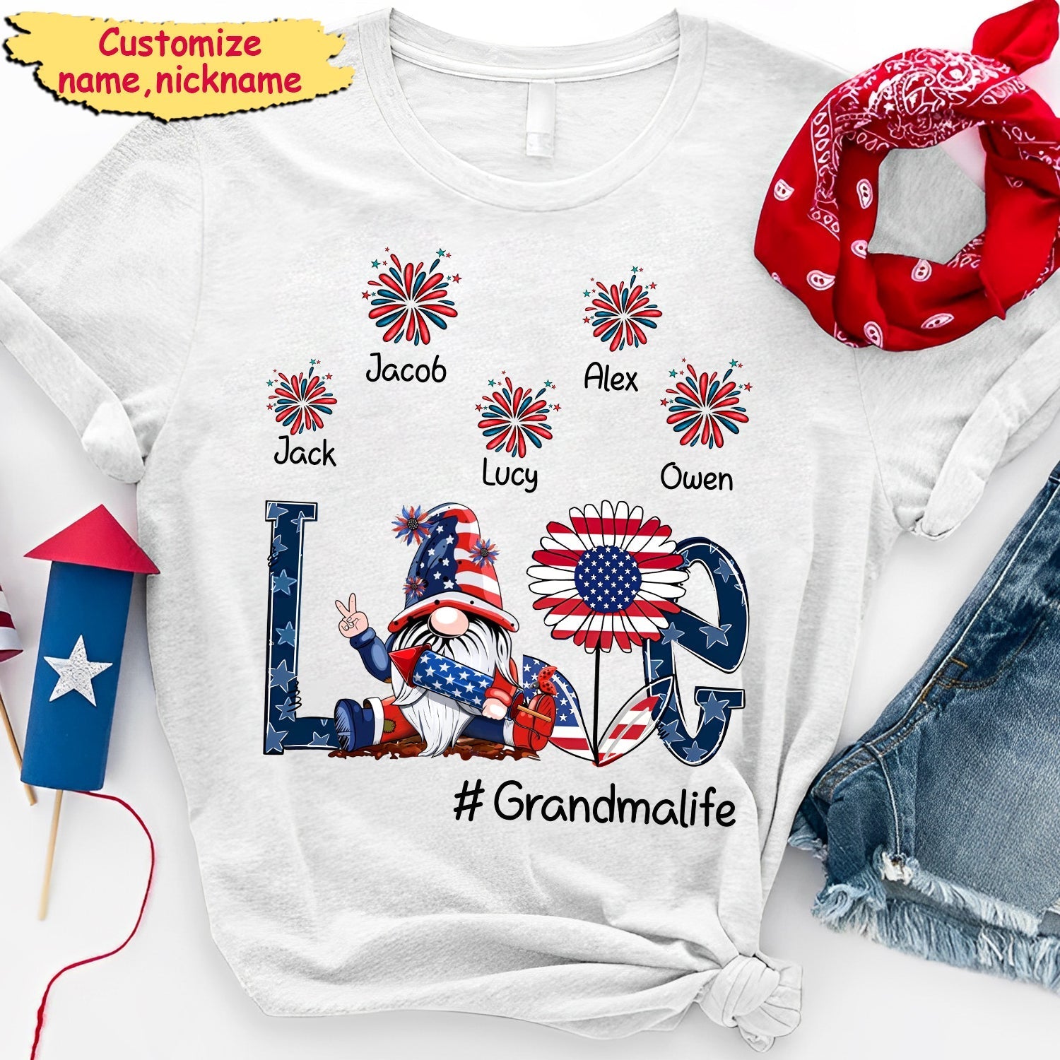 4th of July Independence Day American Flag Dwarf With Fireworks Personalized T-shirt