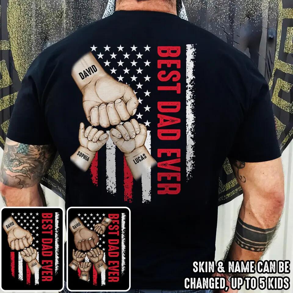 Personalized Best US Dad Ever Flag Hand Kid Name T-shirt