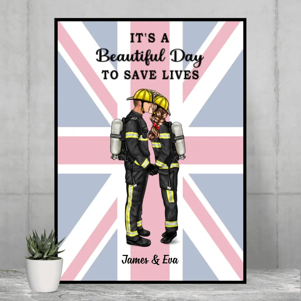 She Saves Lives and He Rescues Them Great Britain Flag - Personalized Poster, Couple Portrait, Firefighter, EMS, Nurse, Police Officer, Military Gifts