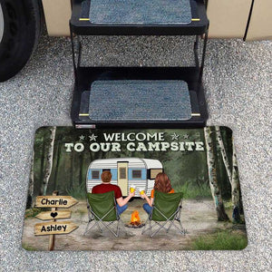 Green Forest Camping Couple Back View Personalized Doormat