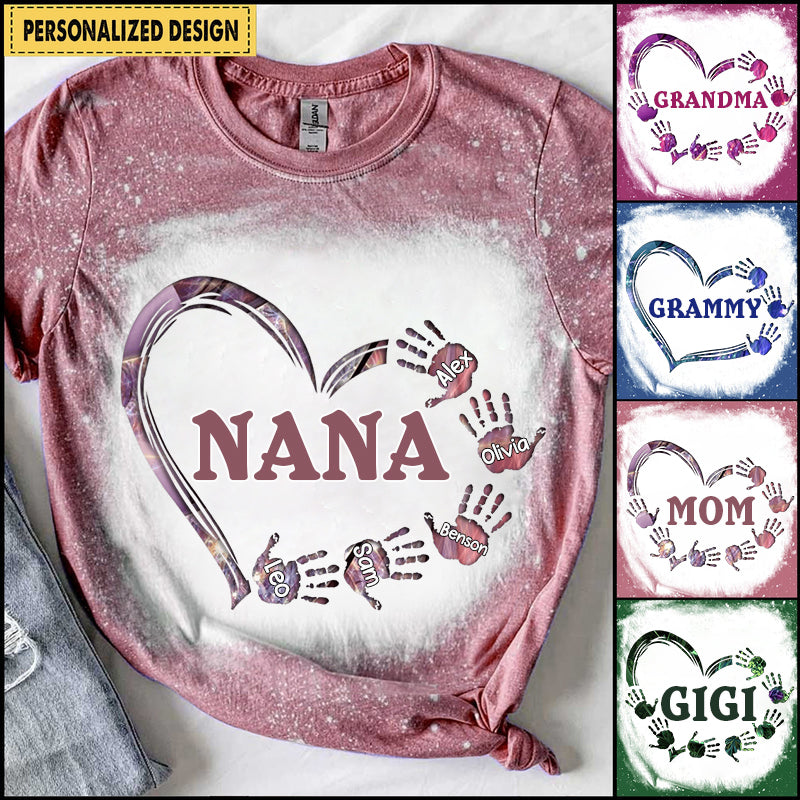 Sparkling Grandma- Mom With Heart Hand Prints Kids, Multi Colors Personalized T-Shirt