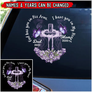 Memorial Gift Purple Butterfly Cross, God Has You In His Arms, I Have You In My Heart Personalized Personalized Decal