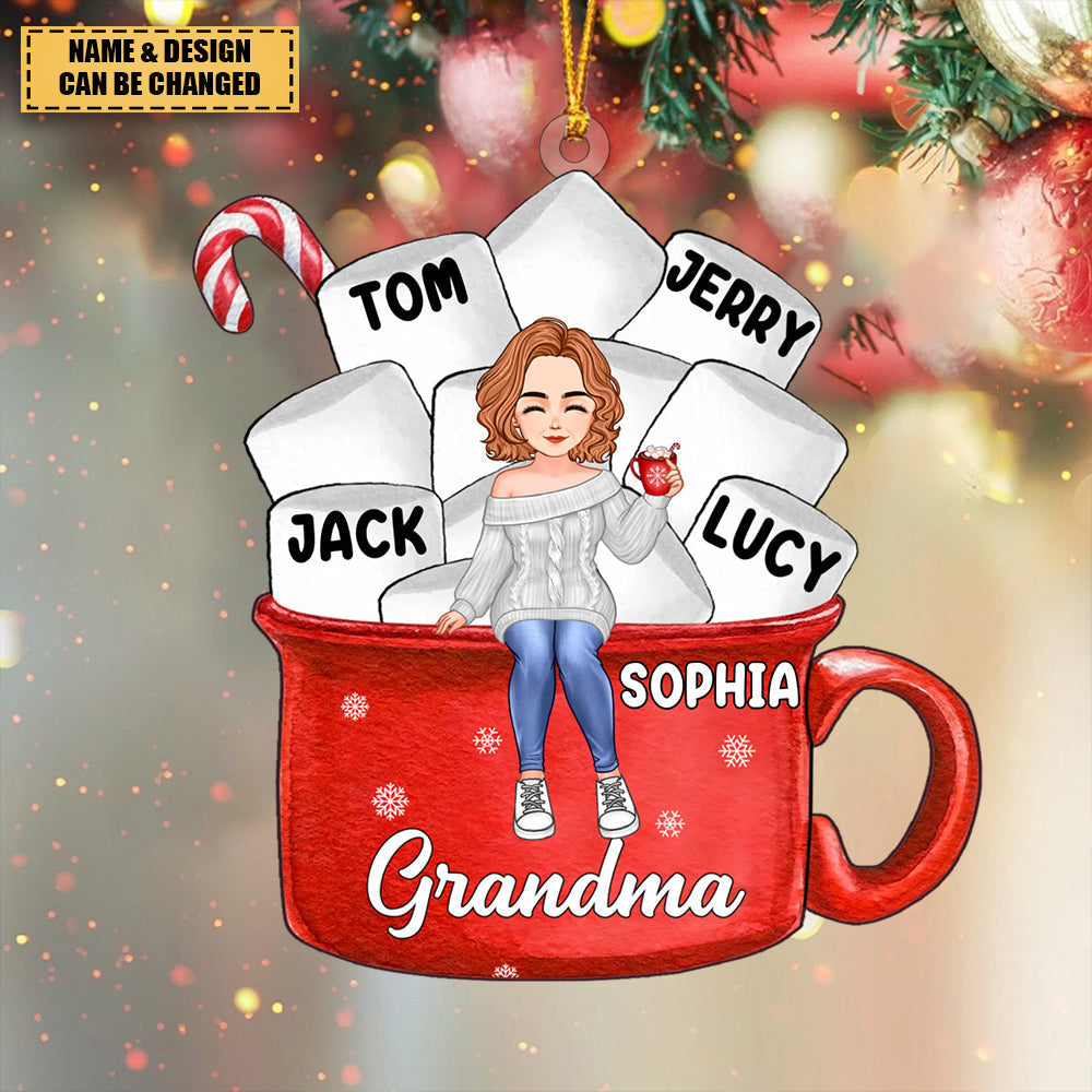 Grandma Mom Hot Cocoa Kids Marshmallows Personalized Wooden Ornament
