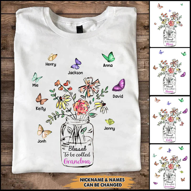 Blessed To Be Called Grandma Mom Vase of Flower with Butterfly Grandkids Shirt