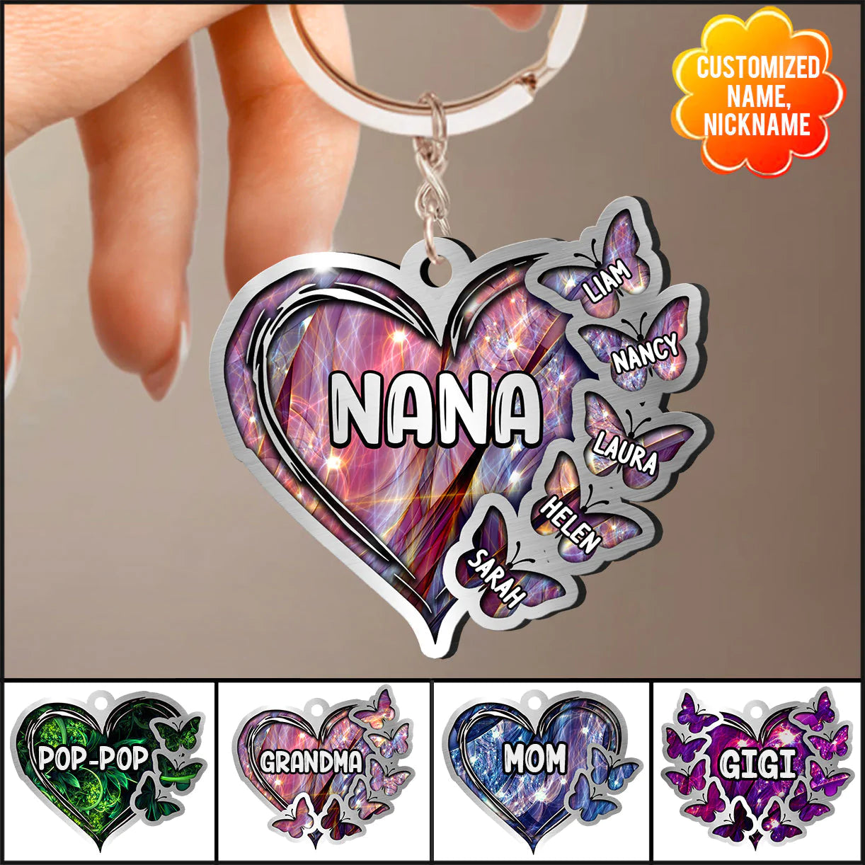 Sparkling Grandma- Mom Heart Butterfly Kids, Multi Colors Personalized Keychain