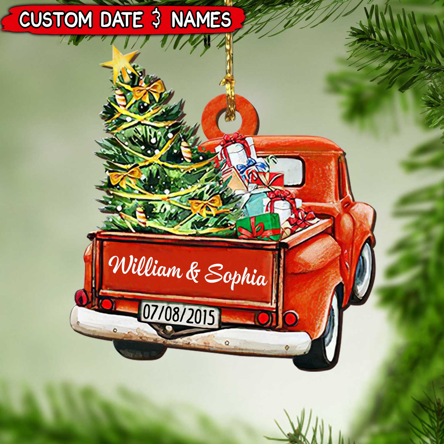 Christmas Couple Red Truck, Happy Anniversary Gift Personalized Ornament