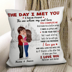 Doll Couple Kissing Skyline The Day I Met You Gift For Him For Her Personalized Pillow