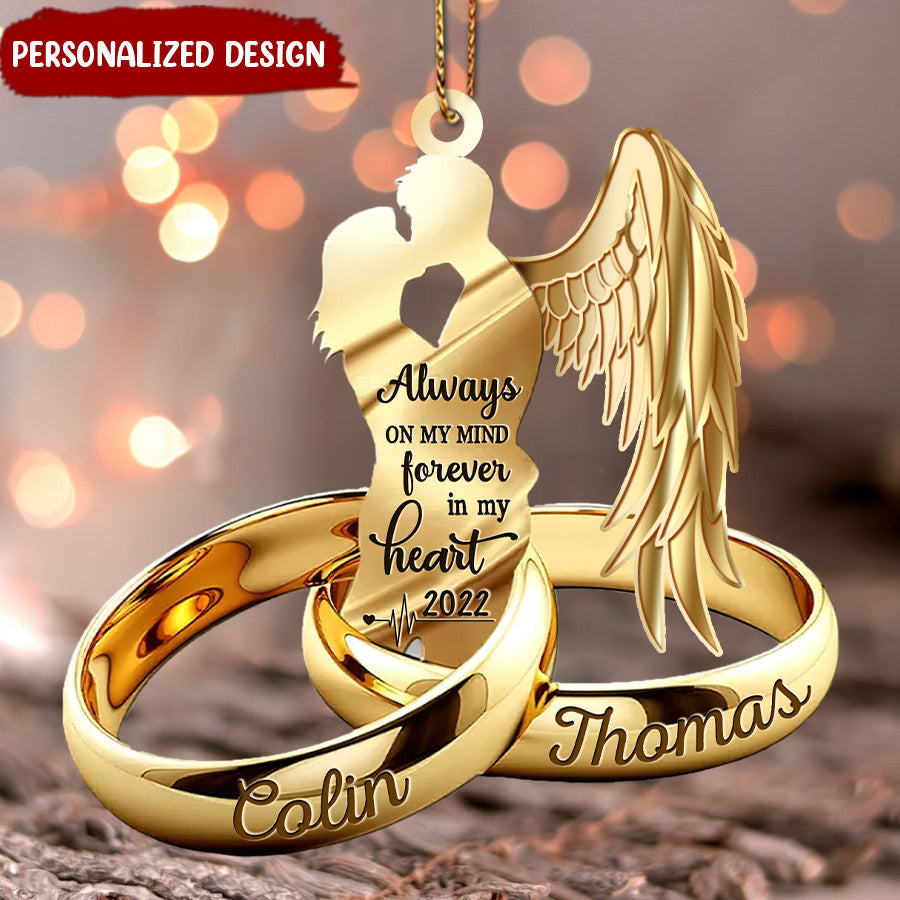 Customized Husband Wife With Wings Always On My Mind Forever In My Heart Wedding Rings Family Loss Memorial Acrylic Ornament