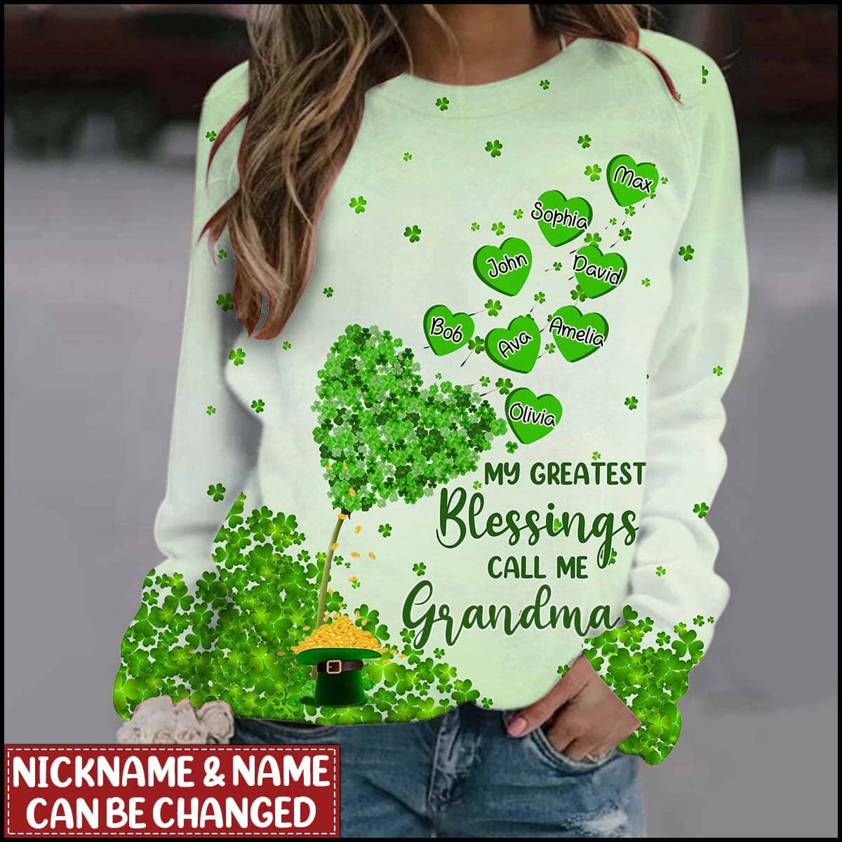 Sweet Lucky Heart Tree Nana Mom Kid, My Greatest Blessings Call Me Grandma, St.Patrick's Day Personalized 3D Sweatshirt