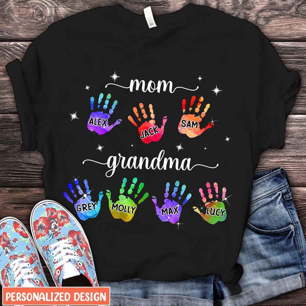 Mom Grandma Colorful Hand Print Personalized T-Shirt Perfect Gift for Mother's Day