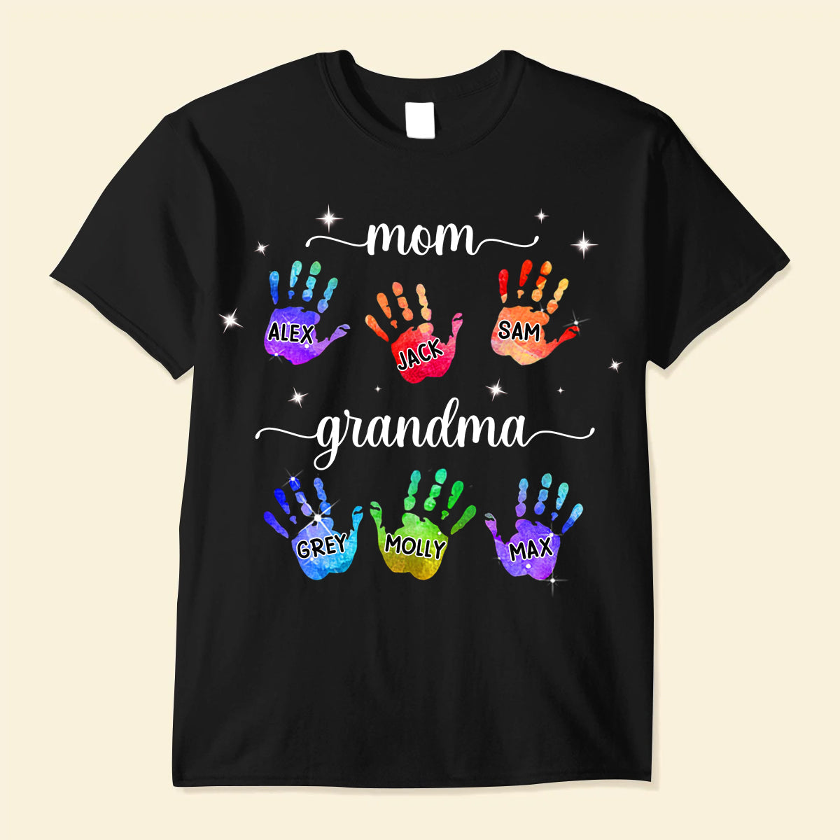 Mom Grandma Colorful Hand Print Personalized T-Shirt Perfect Gift for Mother's Day