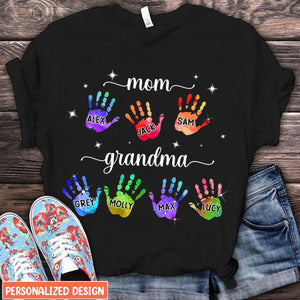 Mom Grandma Colorful Hand Print Personalized T-Shirt Perfect Gift for Mother's Day