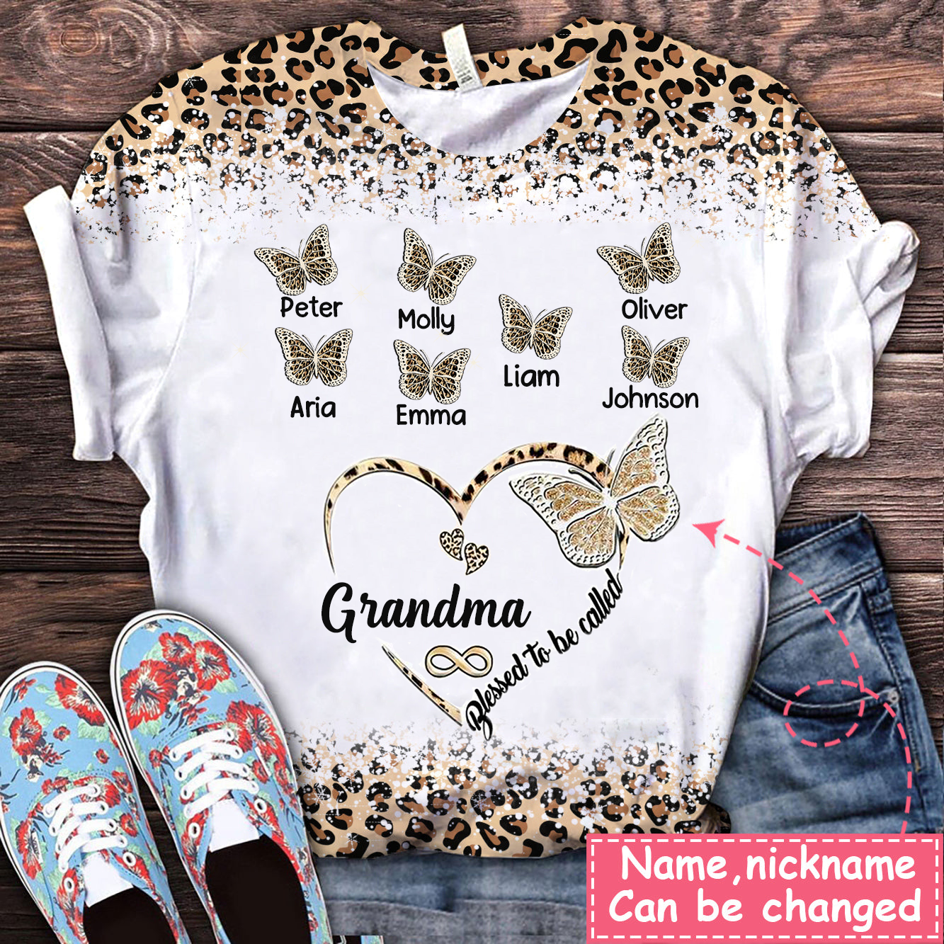 Personalized Leopard Blessed To Be Called Nana Butterfly Heart Infinity Grandkids Love T-shirt