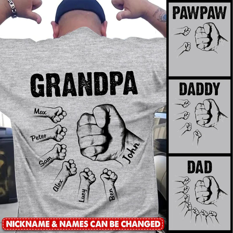 Grandpa Papa Daddy Hands Print Personalized White T-shirt
