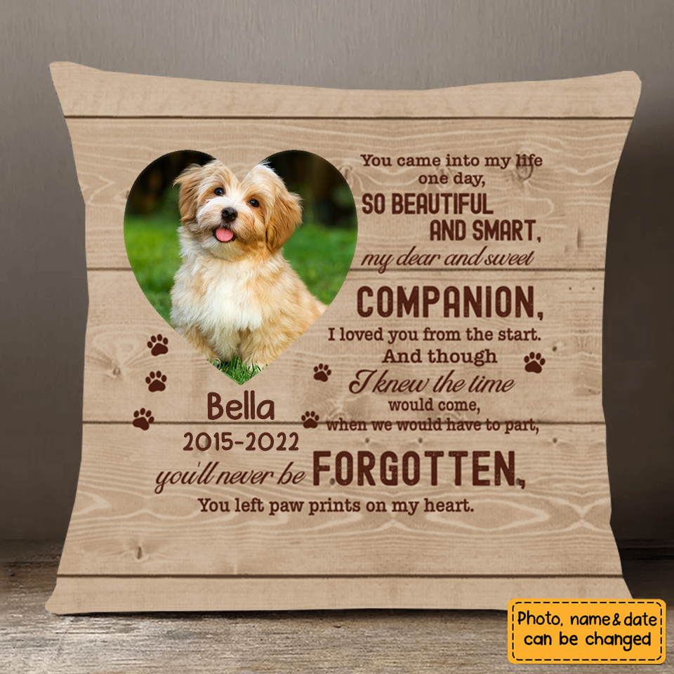 Personalized Custom Photo Pet Loss Pillow, Memorial Gift For Pet Lover, Paw Prints On My Heart