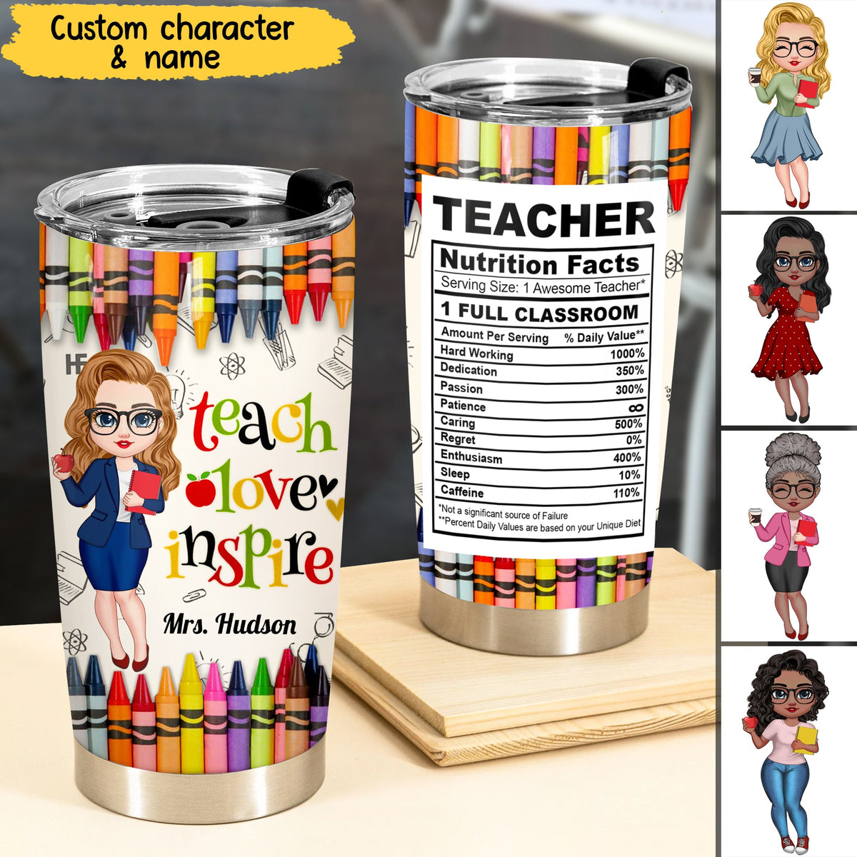 Colorful Crayon Teacher Nutrition Facts Personalized Glitter Tumbler