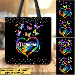 Colorful Rainbow Heart Infinity Grandma Mom Butterfly Kids Personalized Tote Bag