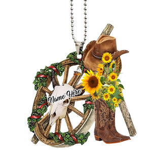 Personalized Cowboy Cowgirl Sunflower Hat Boots Car Hanging Ornament