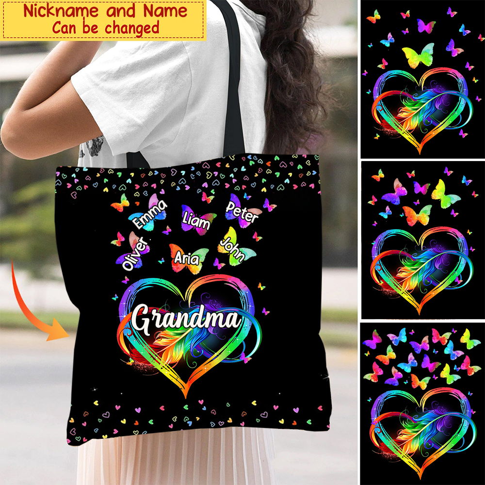 Colorful Rainbow Heart Infinity Grandma Mom Butterfly Kids Personalized Tote Bag