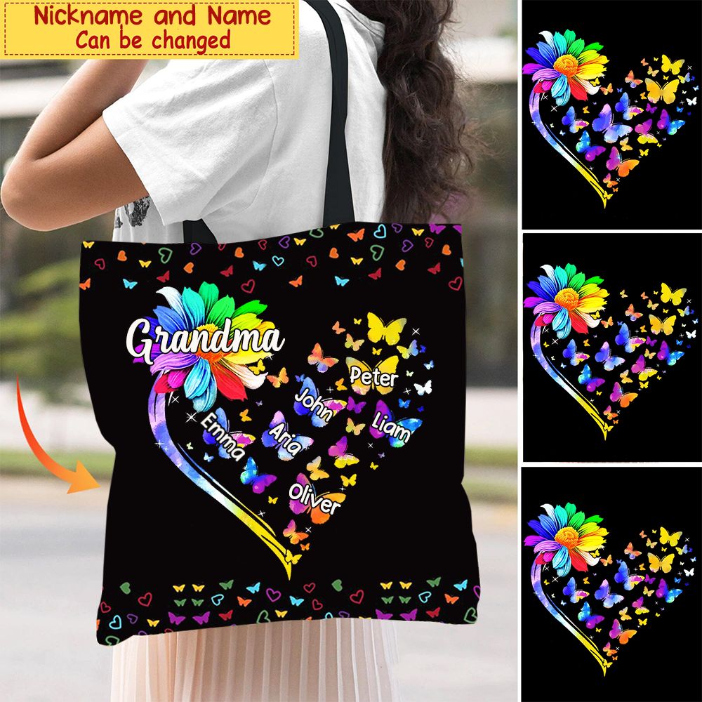 Colorful Sunflower Grandma Mom Butterflies Personalized Tote Bag