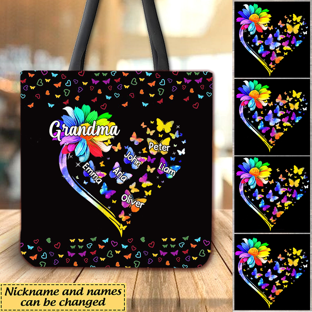 Colorful Sunflower Grandma Mom Butterflies Personalized Tote Bag