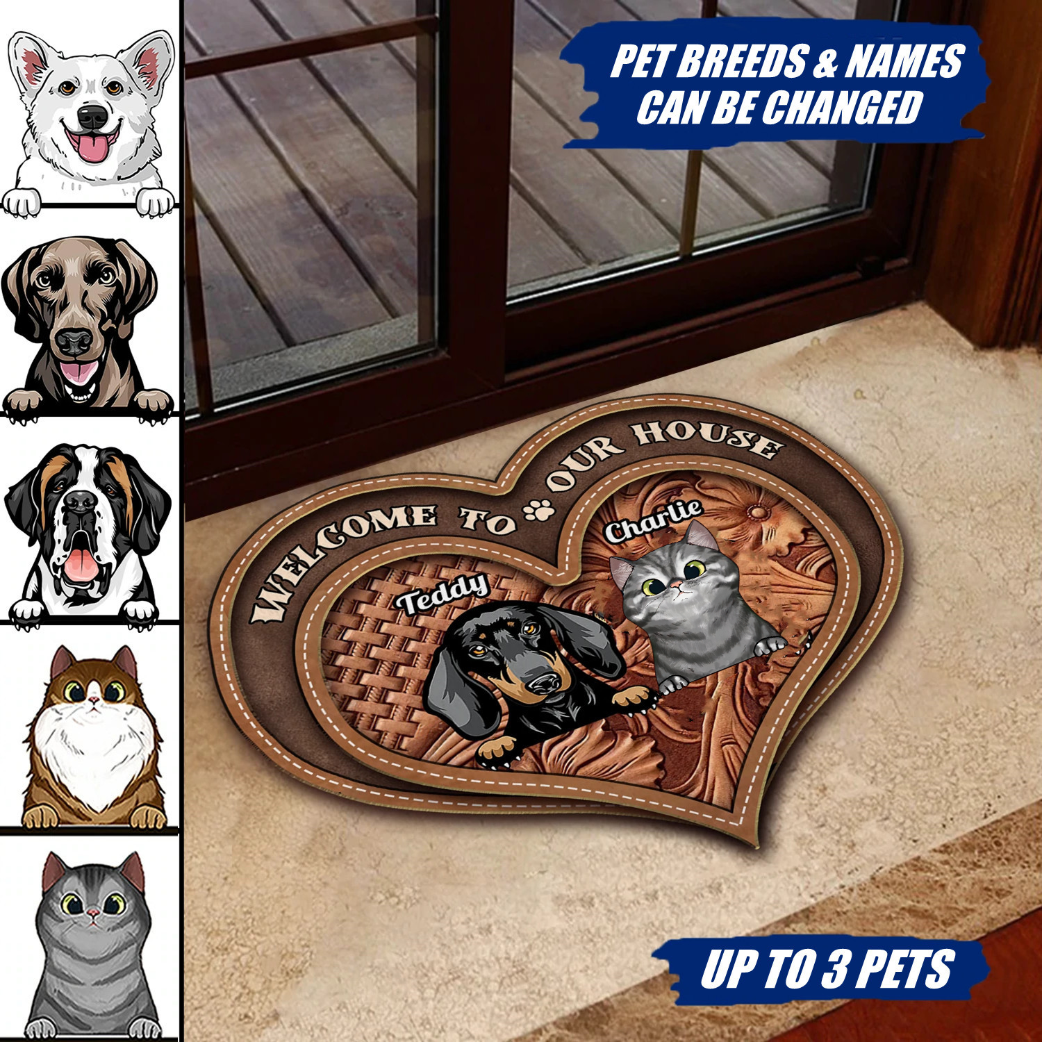 Dog And Cat Personalized Custom Heart Shaped Doormat