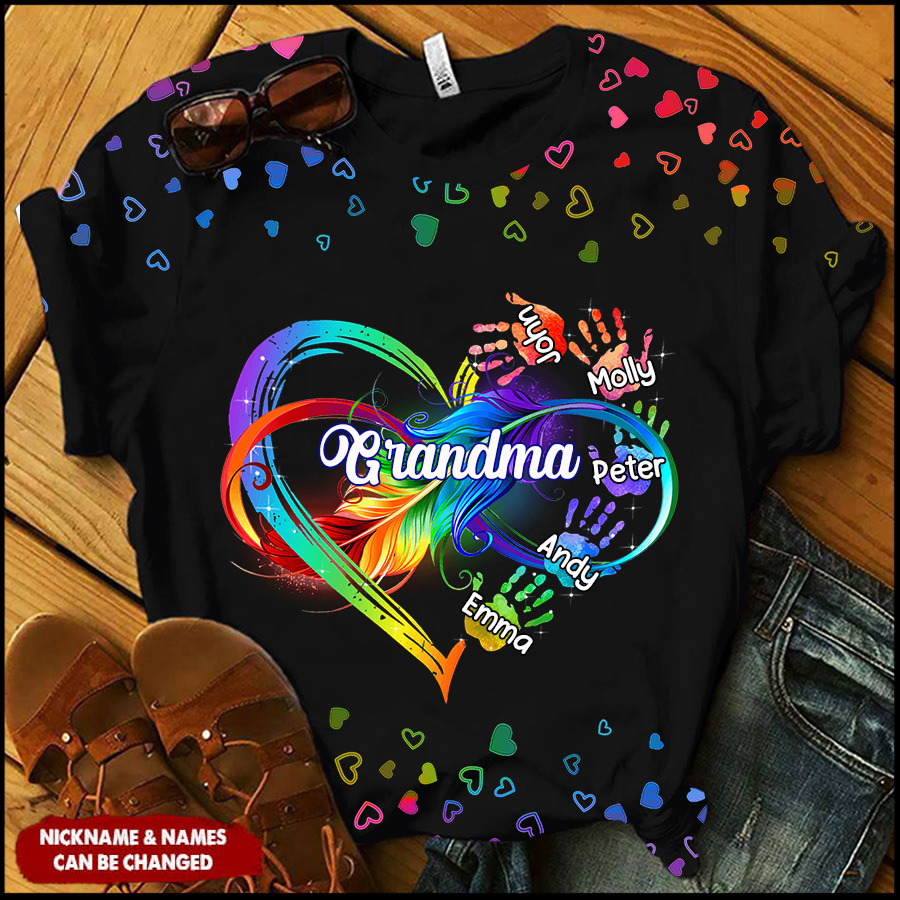 Personalized Grandma Mom Heart Infinity Hand Print Best Gift 3D T-shirt