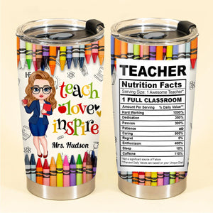 Colorful Crayon Teacher Nutrition Facts Personalized Glitter Tumbler
