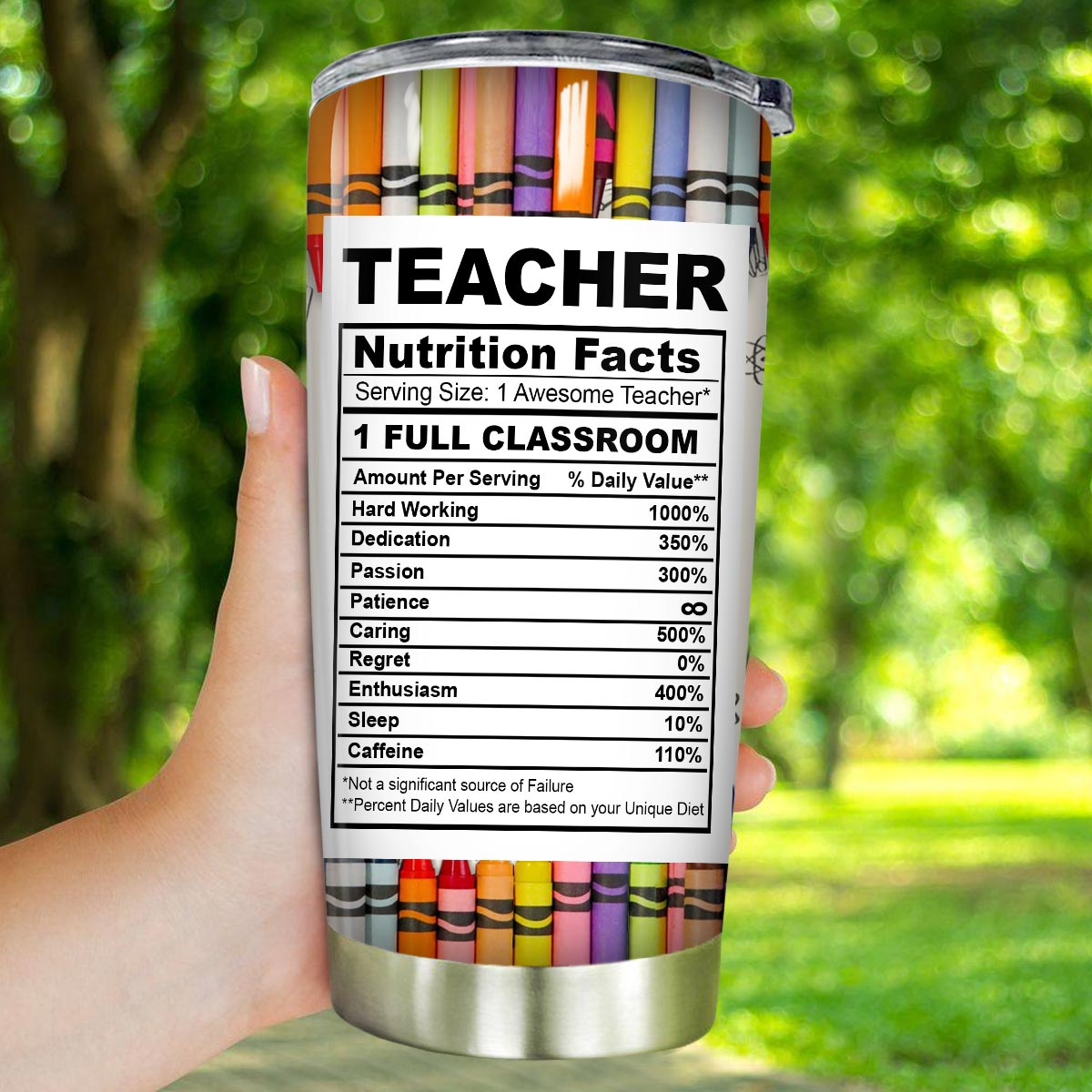 Colorful Crayon Teacher Nutrition Facts Personalized Glitter Tumbler